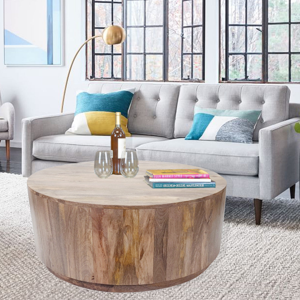Tamia 42" Round Wooden Coffee Table, Elm