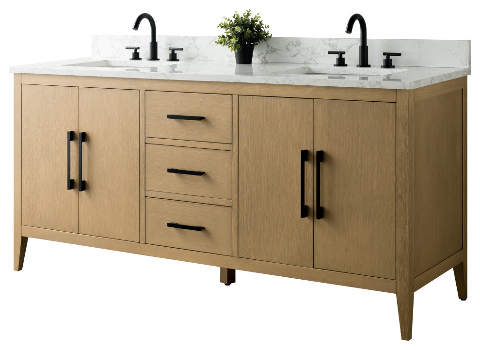 Vanity Art Bathroom Vanity With Sink, Natural Oak, 72", Double Sink, Matte Black