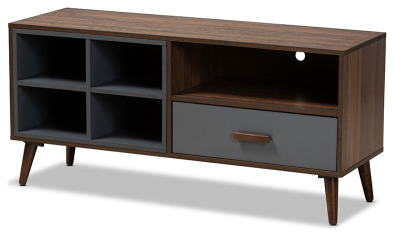 Kosen Modern Contemporary Two-Tone Gray and Walnut Brown Wood 1-Drawer TV Stand