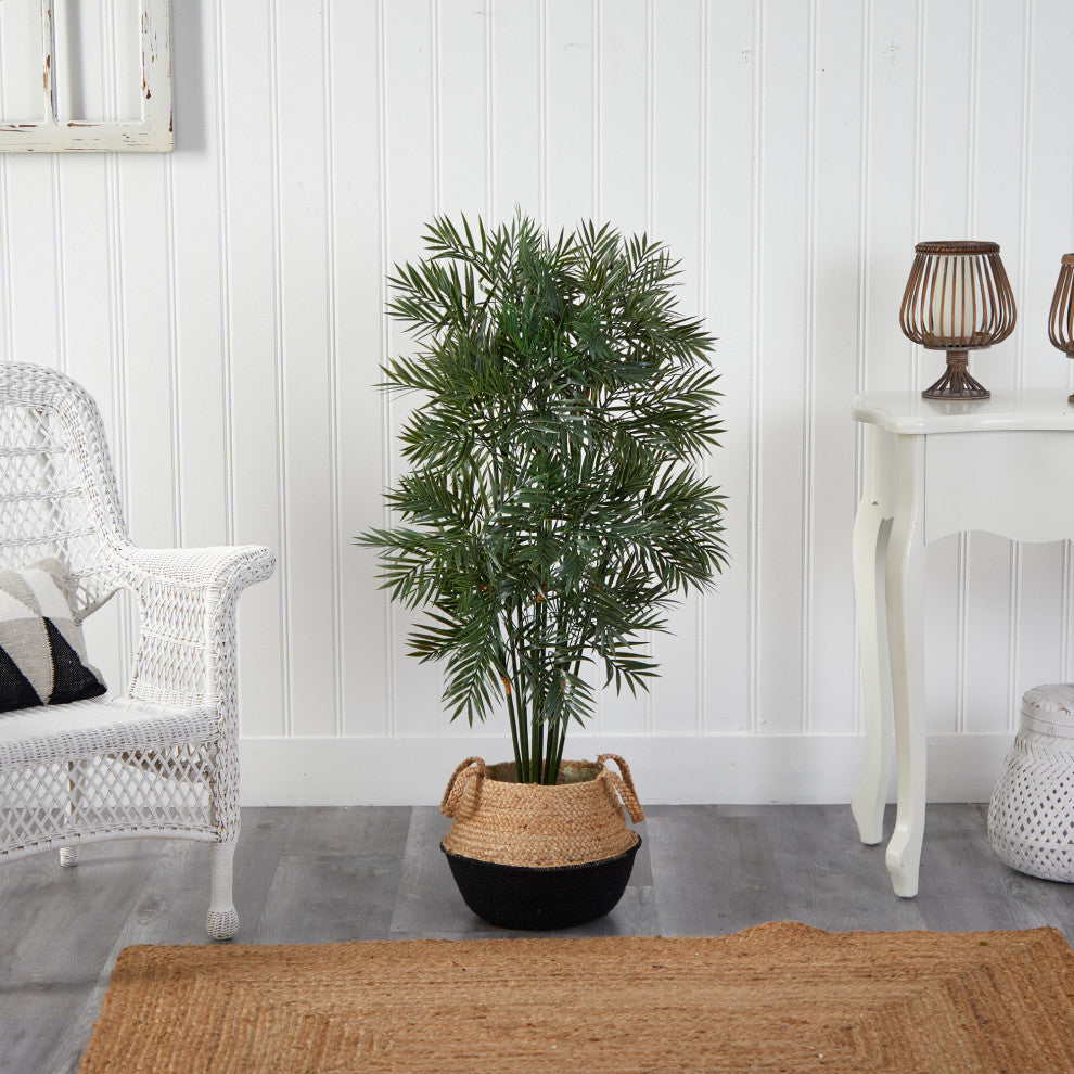 4' Parlor Palm Faux Tree, Boho Chic Handmade Cotton and Jute Black Woven Planter