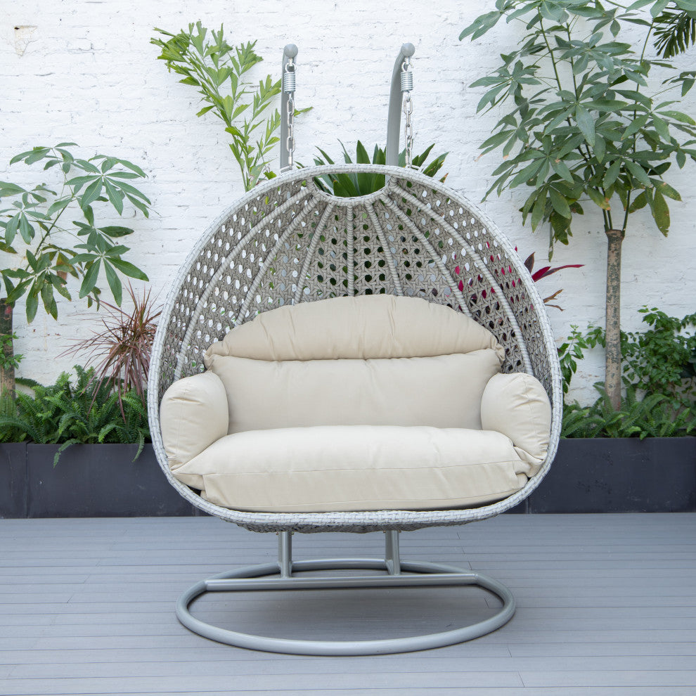 LeisureMod Mendoza Light Gray Wicker Hanging Double Egg Swing Chair, Taupe