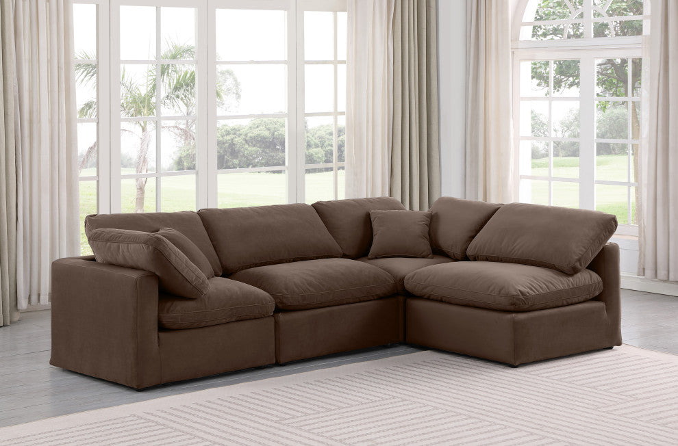 Indulge Upholstered Modular L-Shaped Sectional, Brown, 4-Piece: 2 Armless Chair, 2 Corner Chair, Down Stuffed Velvet
