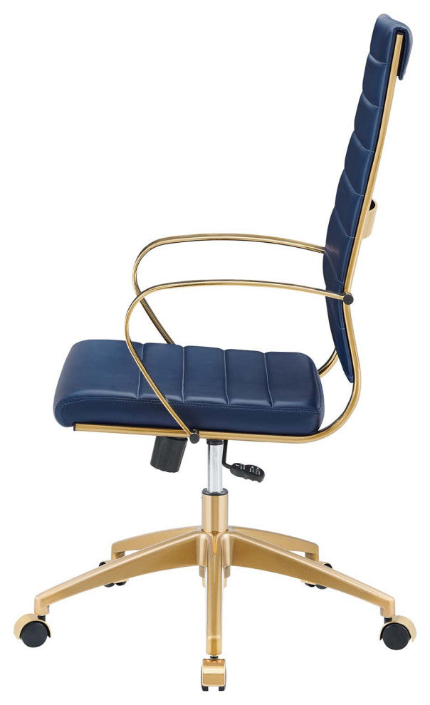 Computer Work Desk High Back Chair, Navy Gold, Faux Vinyl Leather, Home Office
