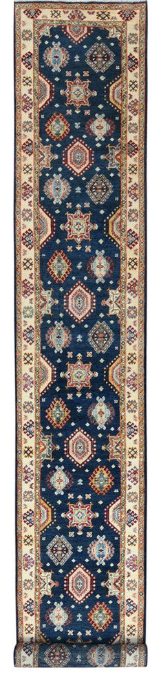 Yale Blue Special Kazak Soft Wool Hand Knotted XL Runner Oriental Rug 3'x18'6"