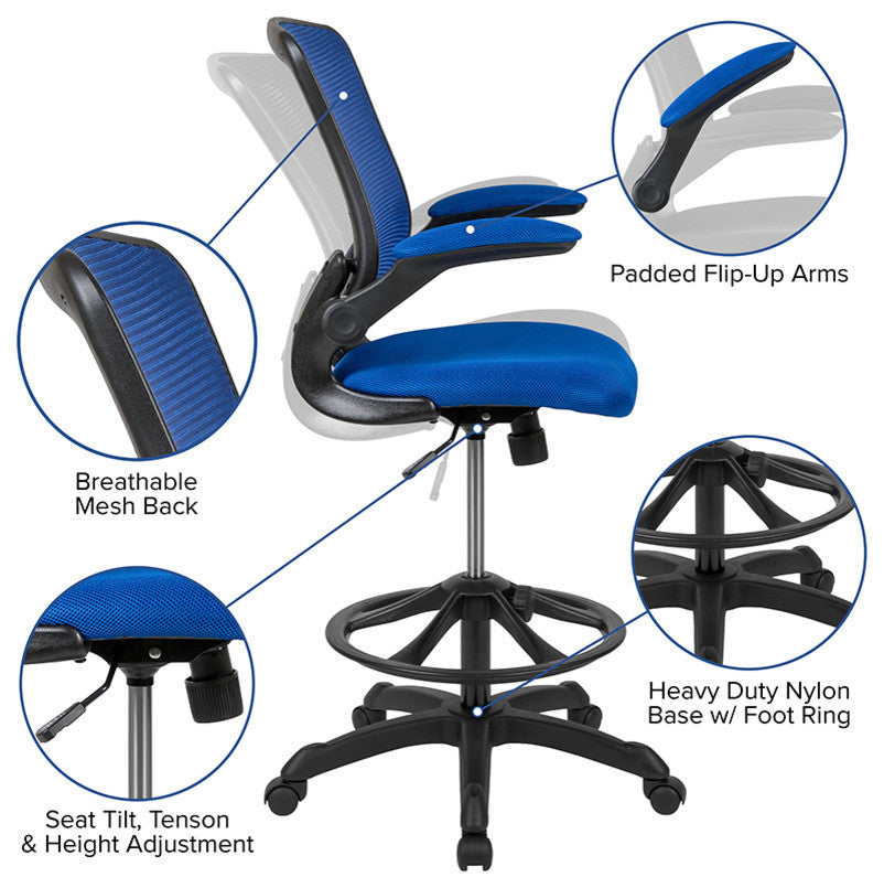 Mid-Back Mesh Ergonomic Drafting Chair With Adjustable Foot Ring, Blue