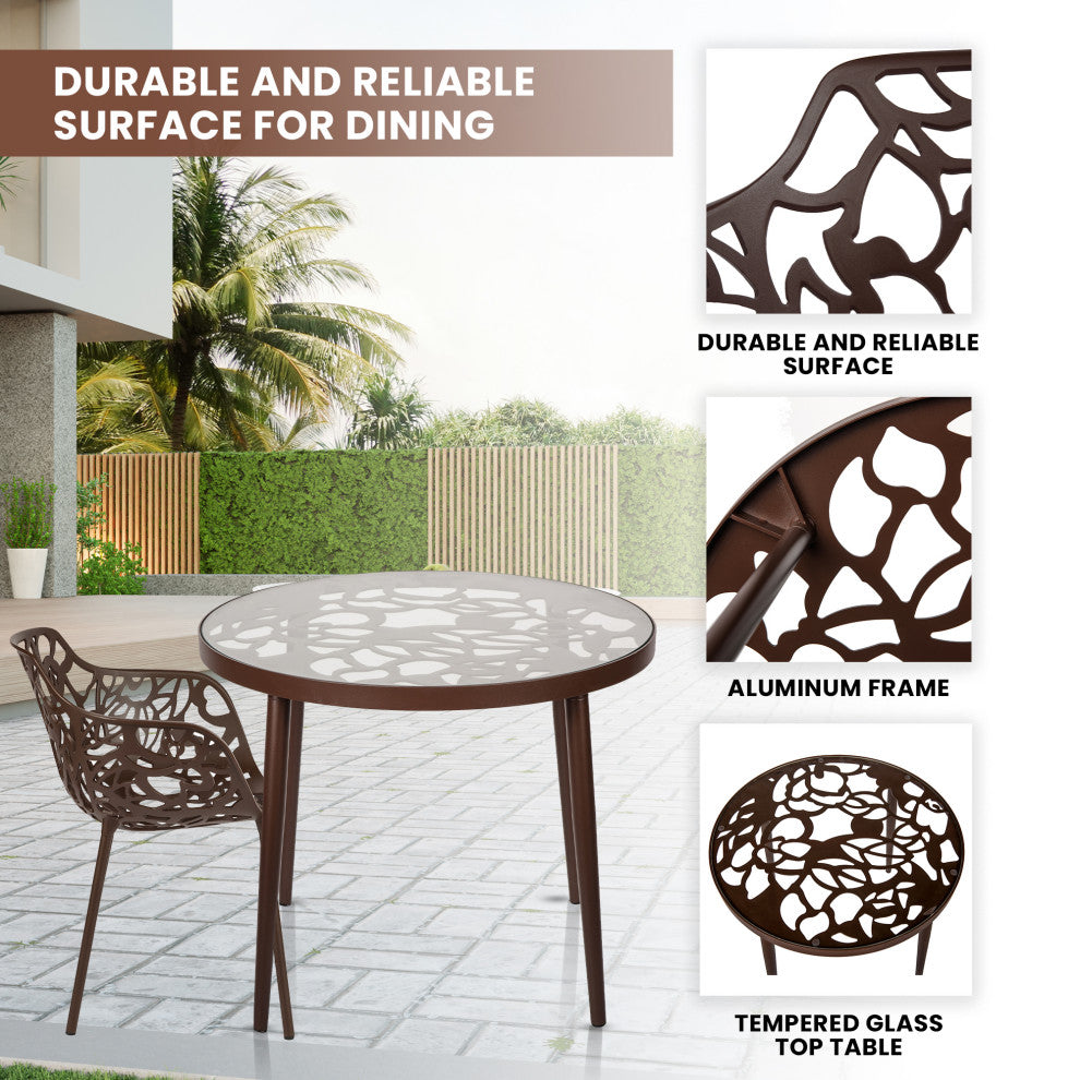 LeisureMod Devon Aluminum Patio Dining Set With Table and 2 Armchairs, Brown