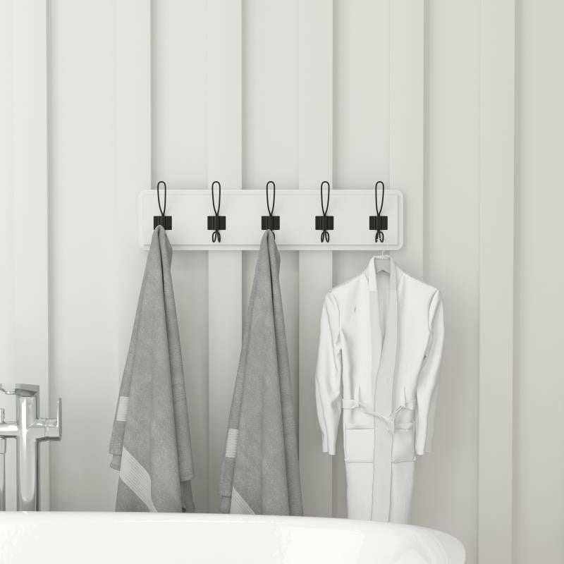 24 Inch Wall Mounted Solid Wood Storage Rack with 5 Hanging Hooks, White