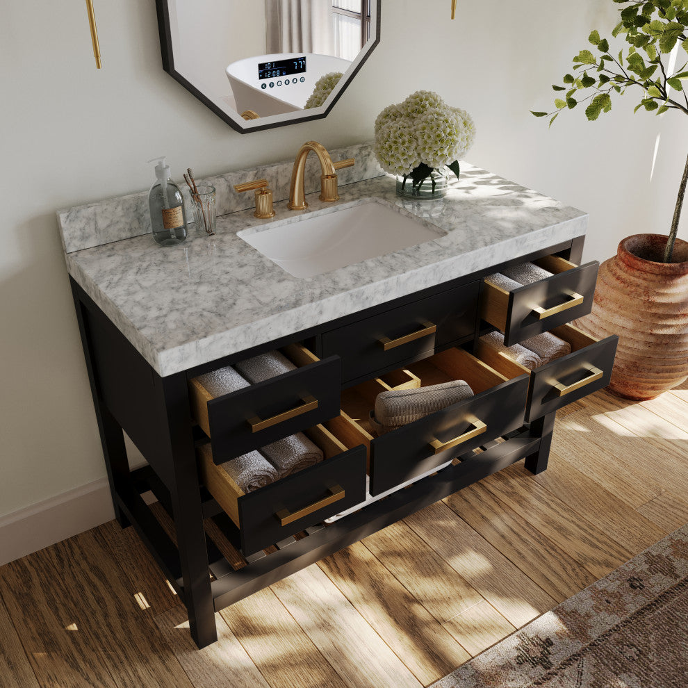 Arcadia Bath Vanity, Black Onyx, 48", Gold Hardware, Single, Freestanding