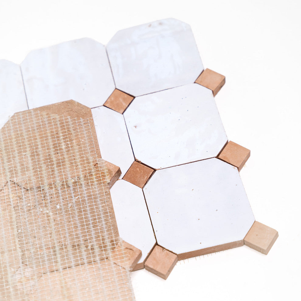 Contemporary Zellige Tile, White With Terracotta, 8-Panels 12x12"