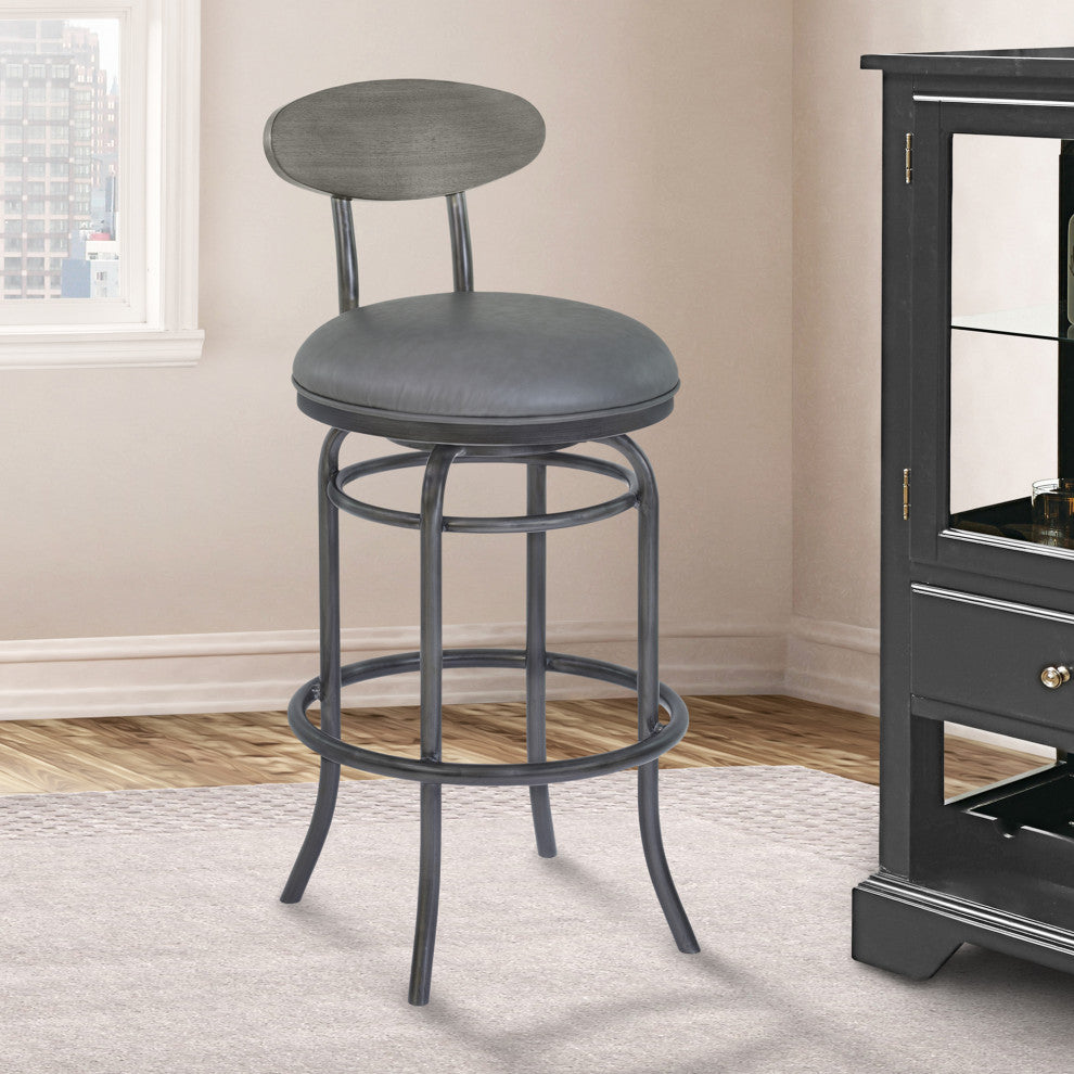 Davis 30" Bar Height Metal Swivel Barstool In Vintage Gray Faux Leather