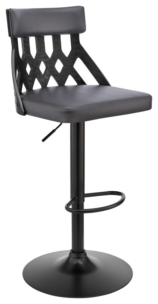 Adjustable Gray Faux Leather and Black Lattice Bar Stool
