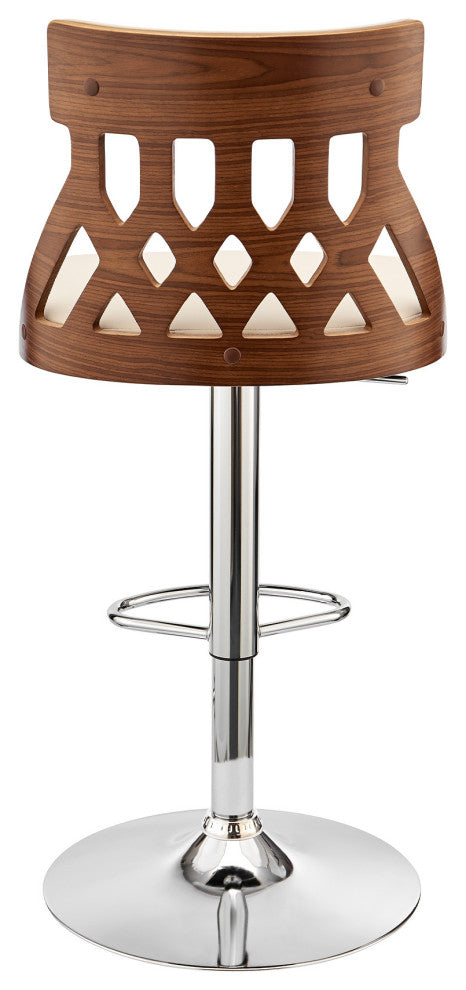 Adjustable Cream Faux Leather and Walnut Lattice Bar Stool