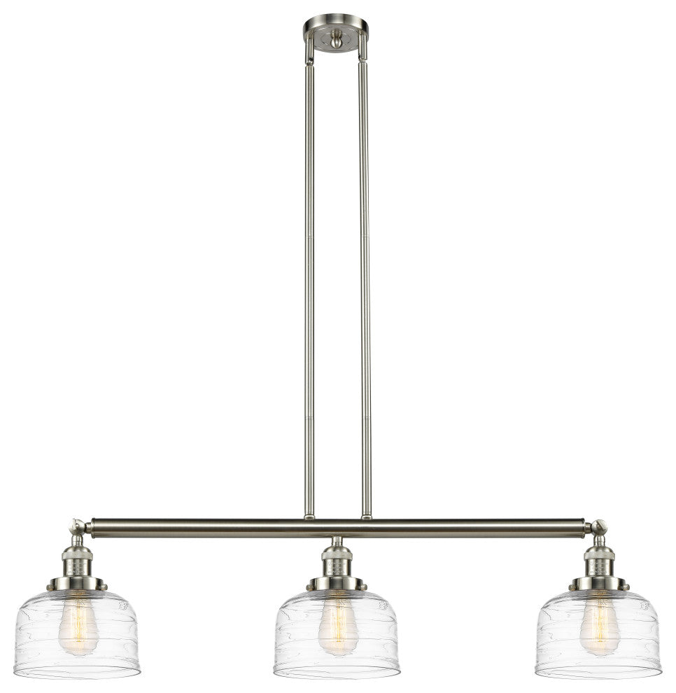 Large Bell 3 Light Island Light, Brushed Satin Nickel, Clear Deco Swirl