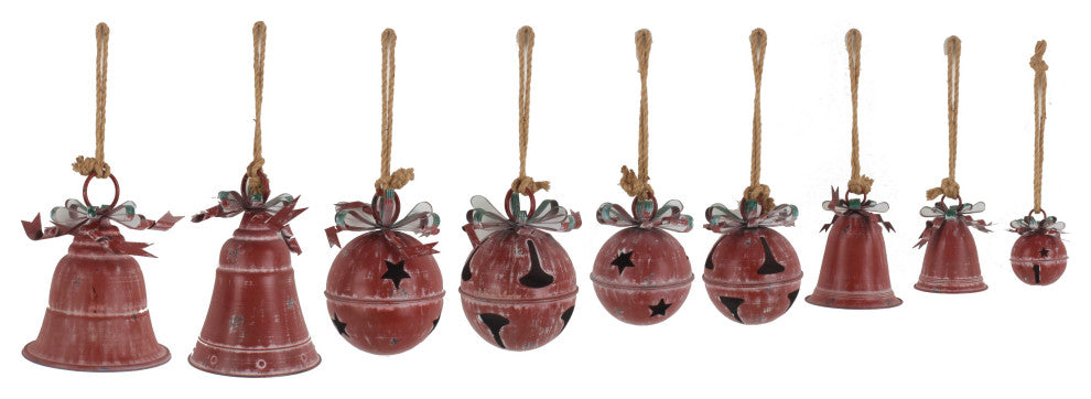 Set of 9 Assorted Sized Hanging Christmas Bells, Antique Red