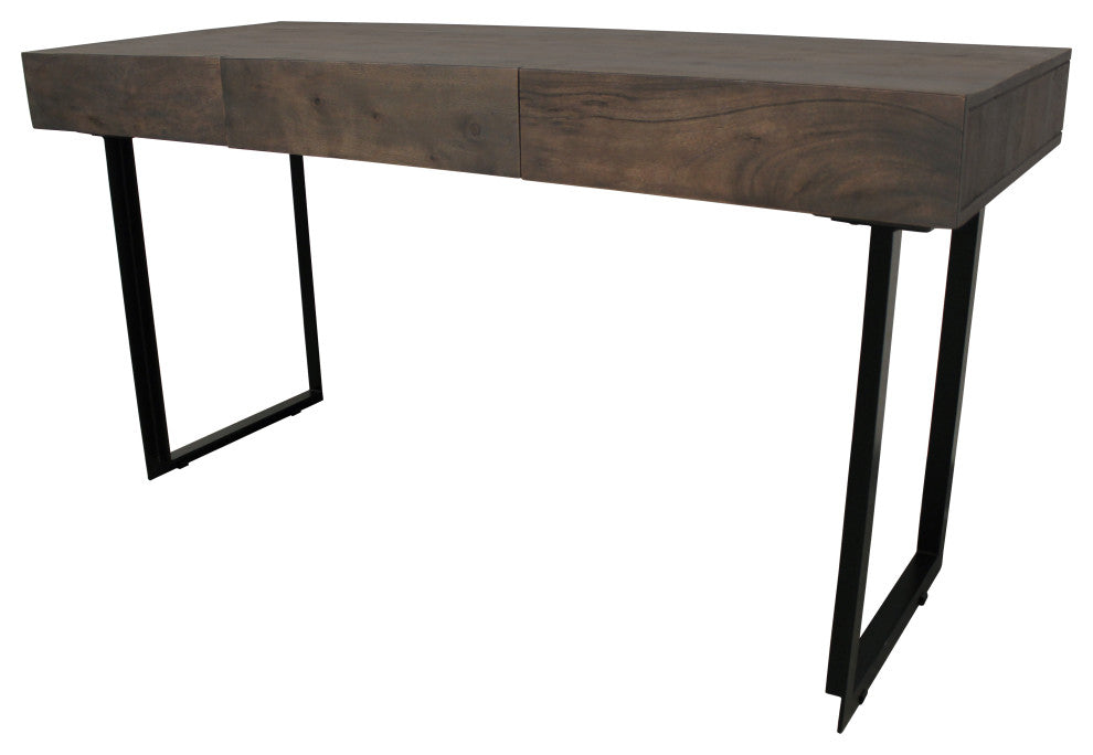 Grady Solid Wood 3 Drawer Desk in Gray Wash with Iron Base