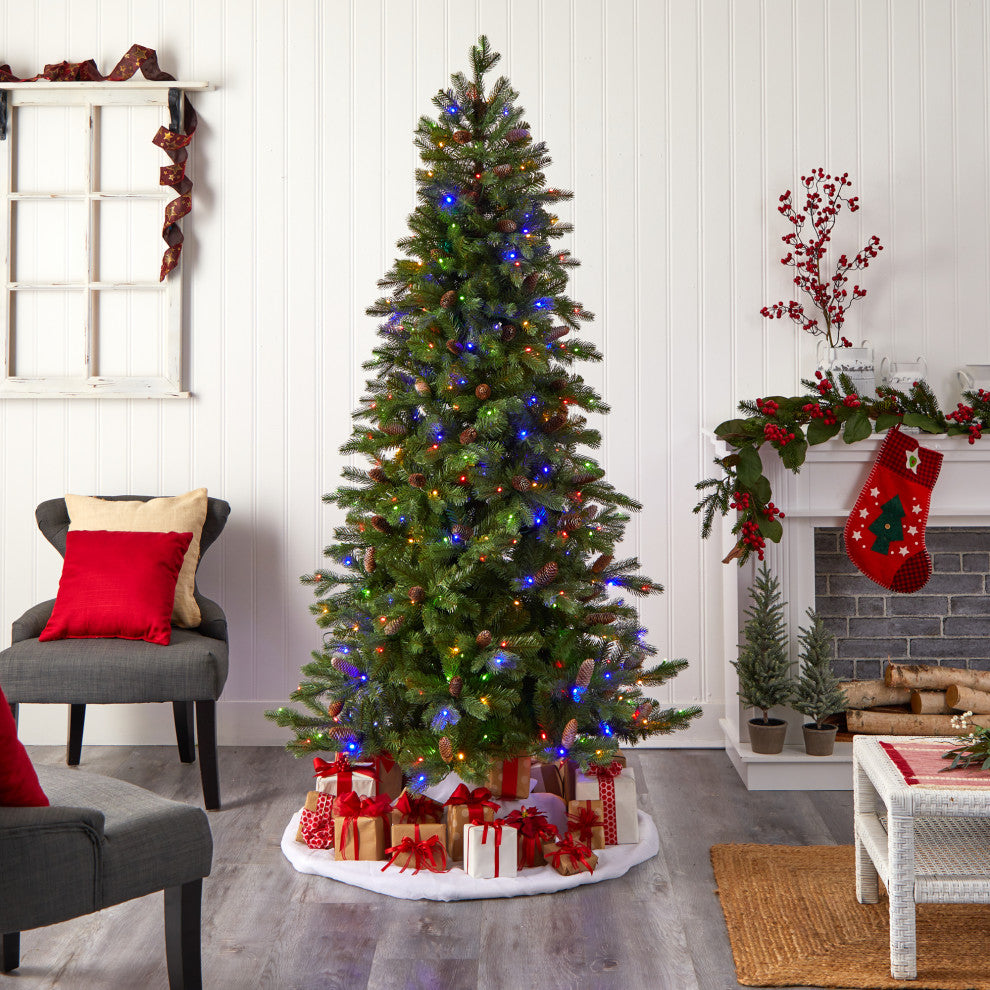 7' Fraser Fir Faux Xmas Tree W/300 Multicolor Lights &1179 Bendable Branches