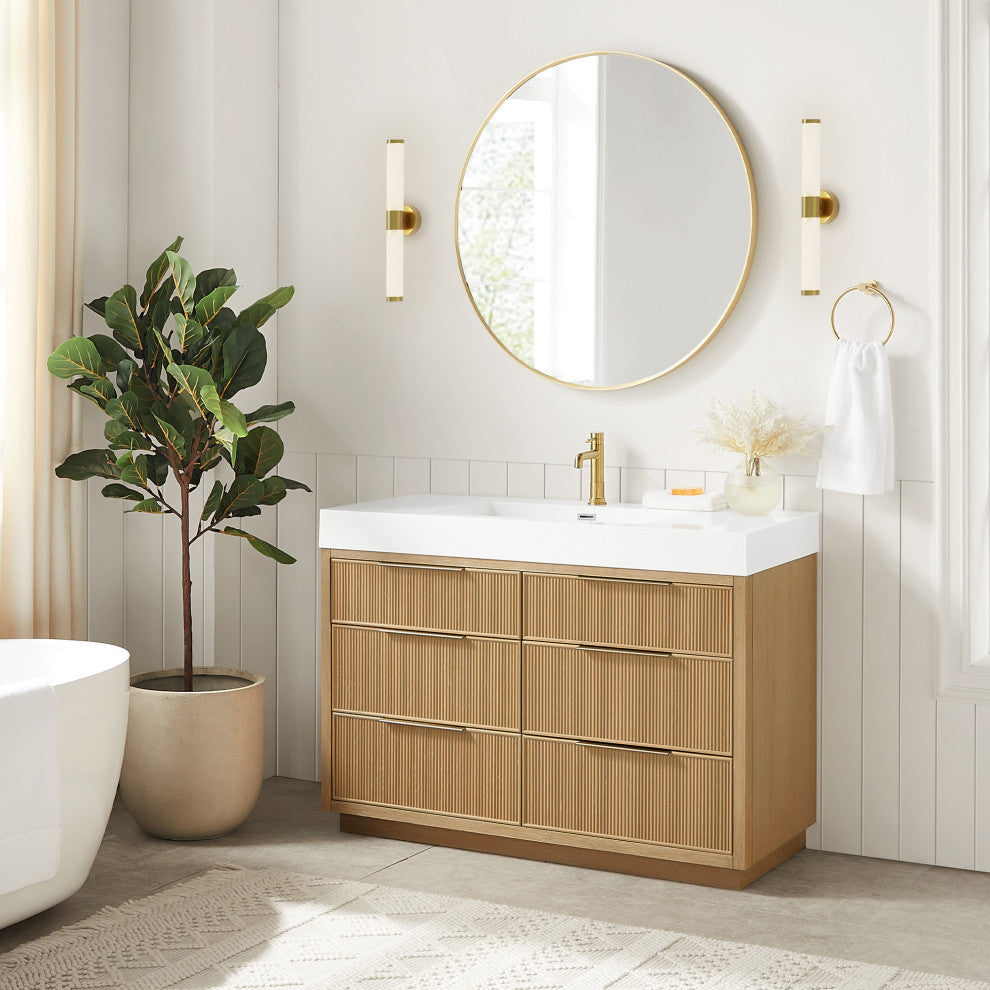 Hohhot Bath Vanity, Stone Sink Top No Mirror, Washed Ash Gray, 48", Single Vanity