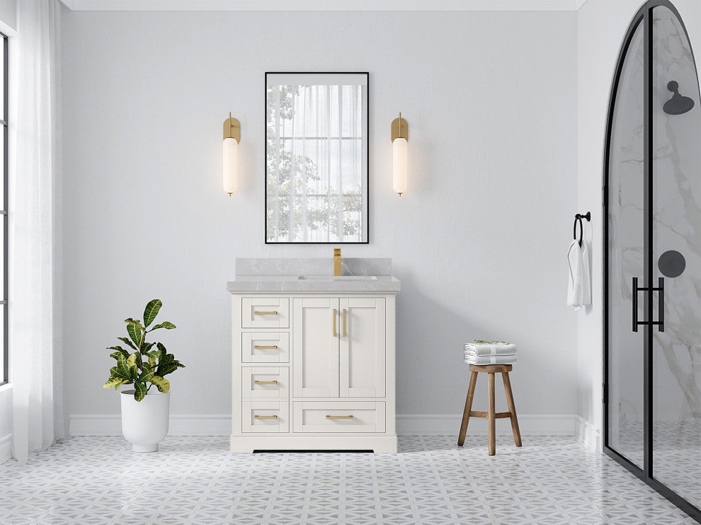 Boston 36" Right Offset Bath Vanity in Alabaster 2" Pearl Gray