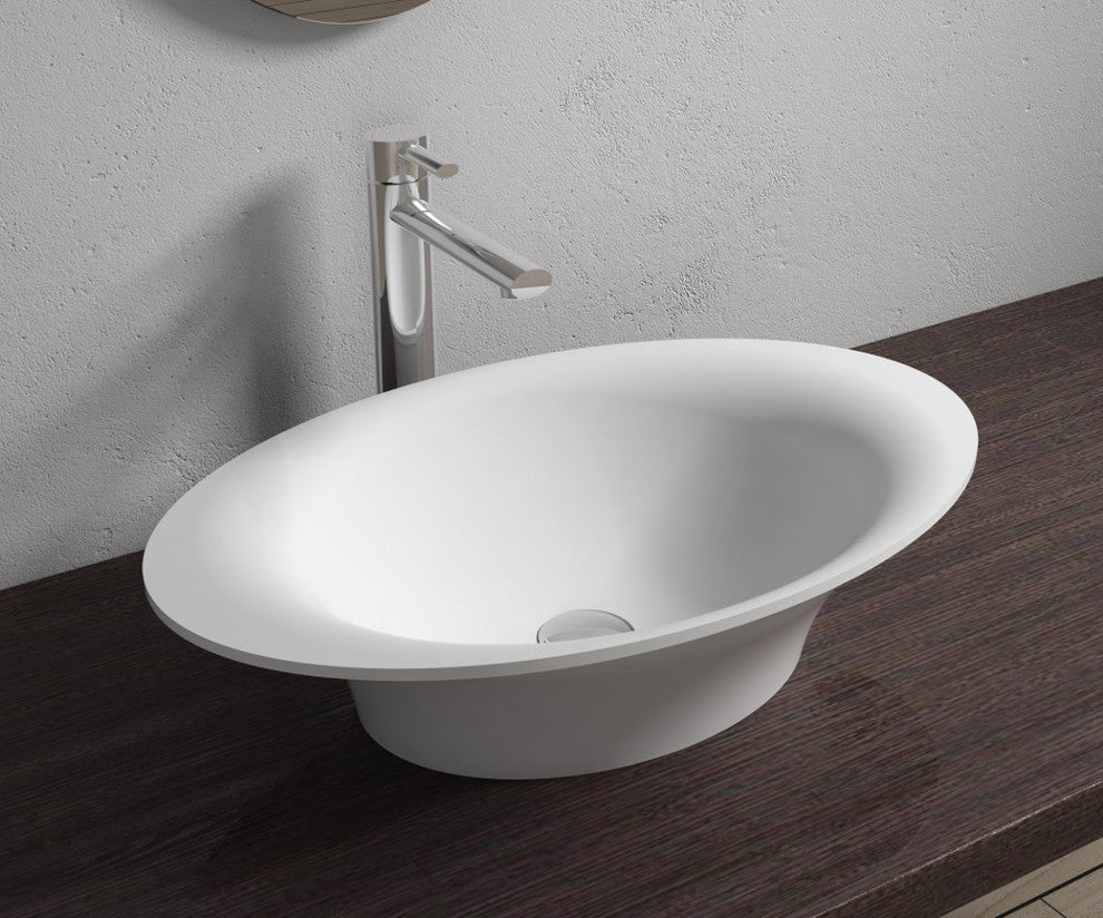 Polystone Oval Vessel Bathroom Sink, Matte White, No Faucet