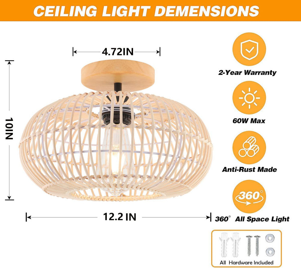 Rattan Semi Flush Mount Ceiling Light, Farmhouse Case Ceiling Lamp