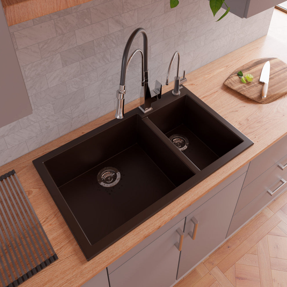 Chocolate 34" Double Bowl Drop In Granite Composite Kitchen Sink