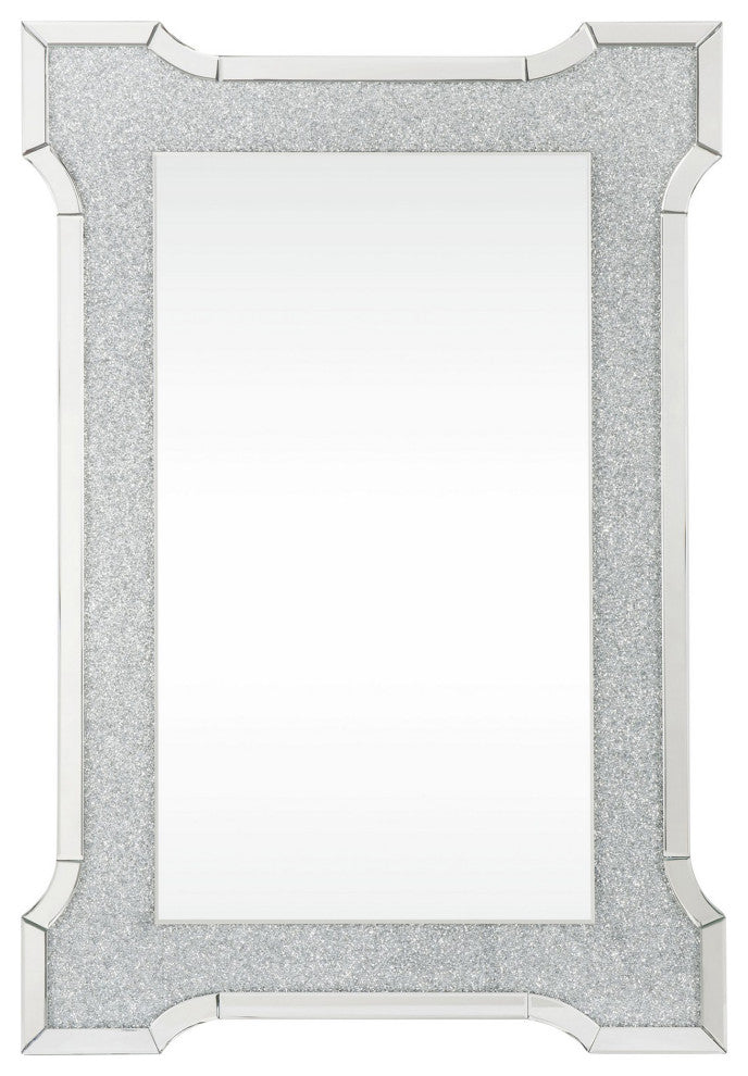 Benzara Rectangular Beveled Wall Mirror With Faux Diamond Inlays, Silver