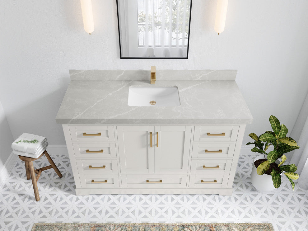 Boston 60" Single Bathroom Vanity in Alabaster 2" Pearl Gray