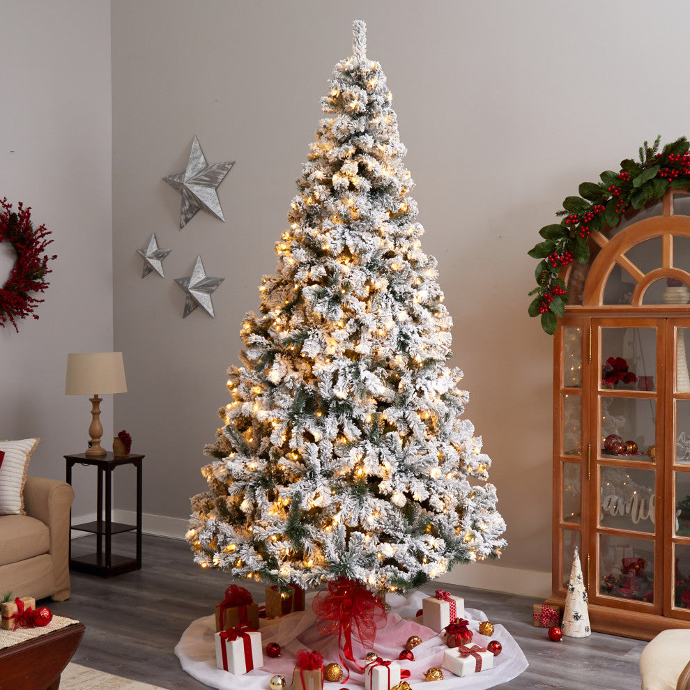 9' Flocked West Virginia Fir Artificial Christmas Tree With 650 Clear LED Lights