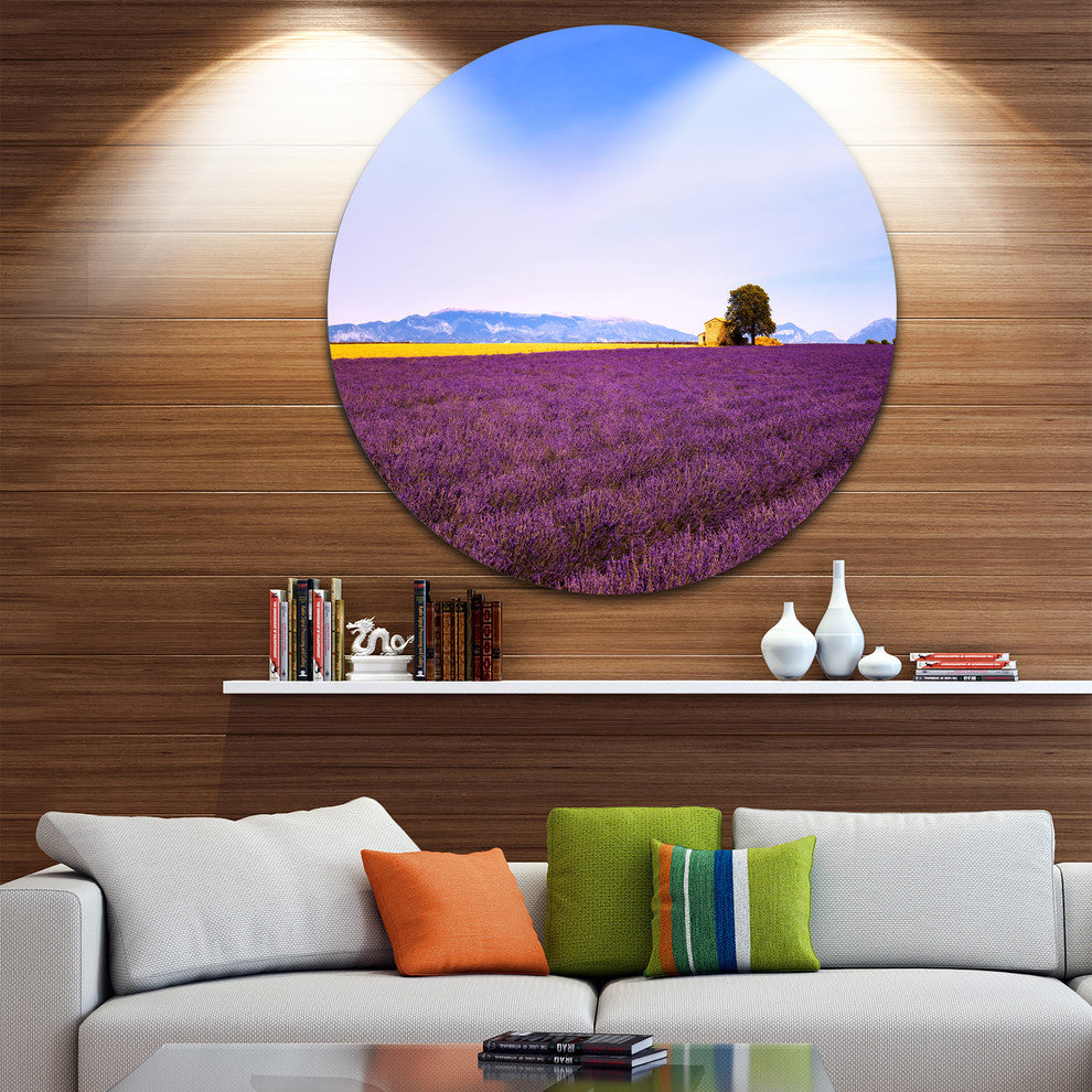 Lavender Flowers With Old House, Landscape Disc Metal Wall Art, 36"