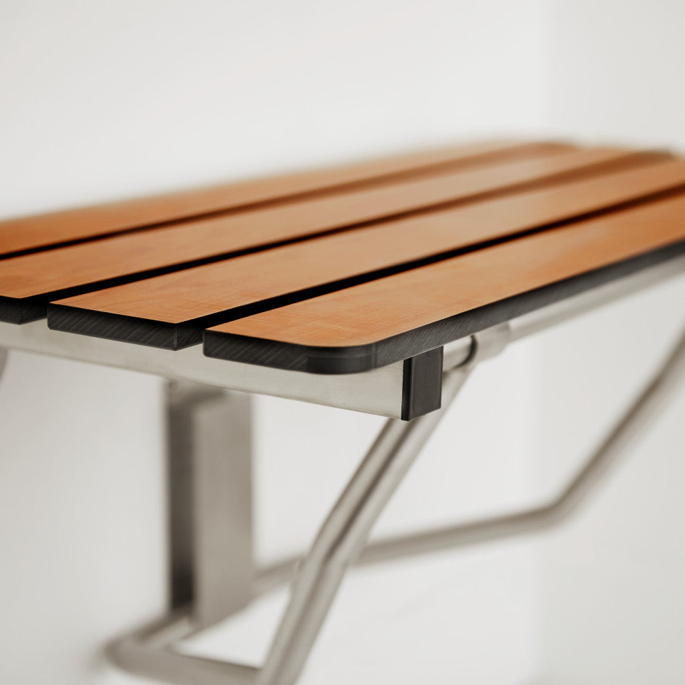 ADA Wall Mount Folding Teak Phenolic Transfer Bench Shower Seat, Left-Handed 26"