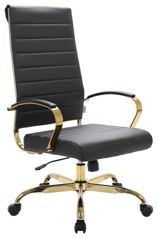 LeisureMod Benmar High-Back Leather Office Chair With Gold Frame Black