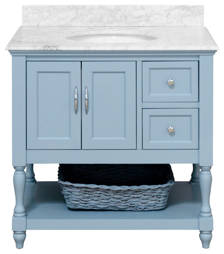 Beverly 36" Bathroom Vanity, Powder Blue, Carrara Marble