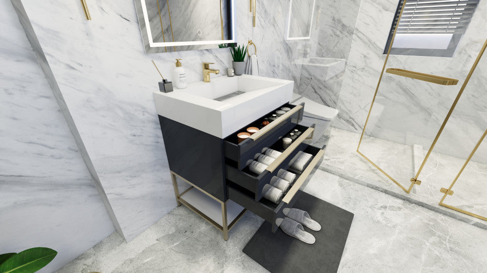 Madison 30" Freestanding Vanity with Reinforced Acrylic Sink, Dark Glossy Gray