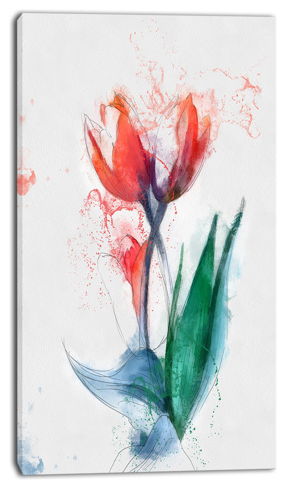 Red Hand drawn Tulips Sketch, Floral Canvas Art Print, 16"x32"