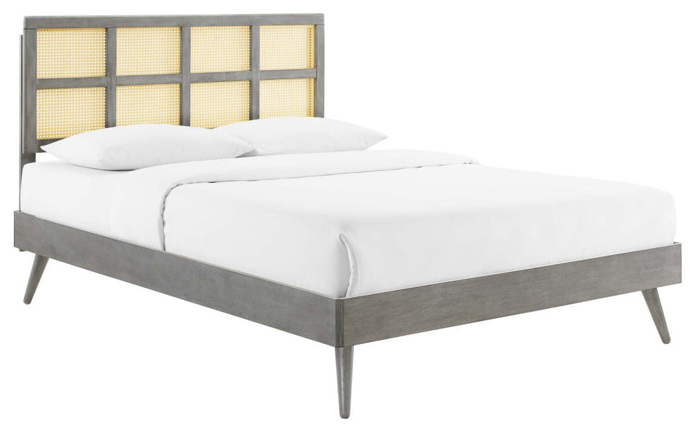 Sidney Cane and Wood Full Platform Bed With Splayed Legs Gray