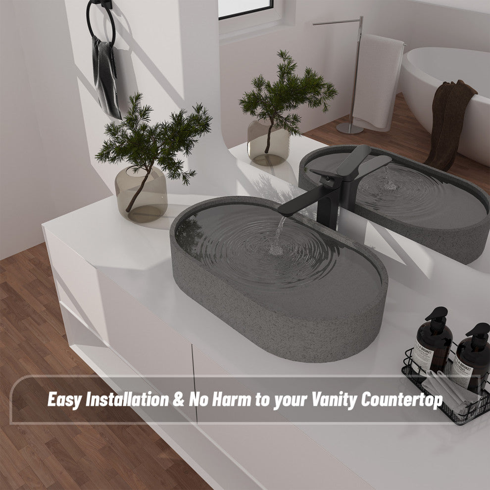 23in Bathroom Concrete Oval Vessel Sink with Drainer, Mottled Bluish Grey