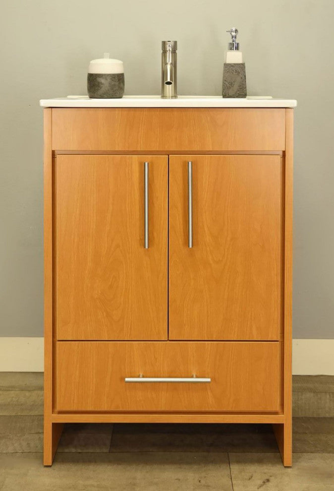 Pacific 24 Vanity With Ceramic Top and Brushed Nickel Handles, Honey Maple