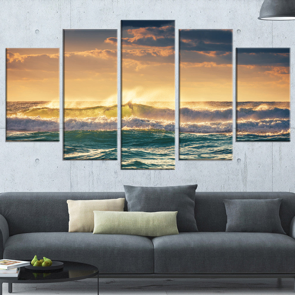 "Sunrise And Shining Waves in Ocean" Seashore Canvas Wall Art, 5 Panels, 60"x32"