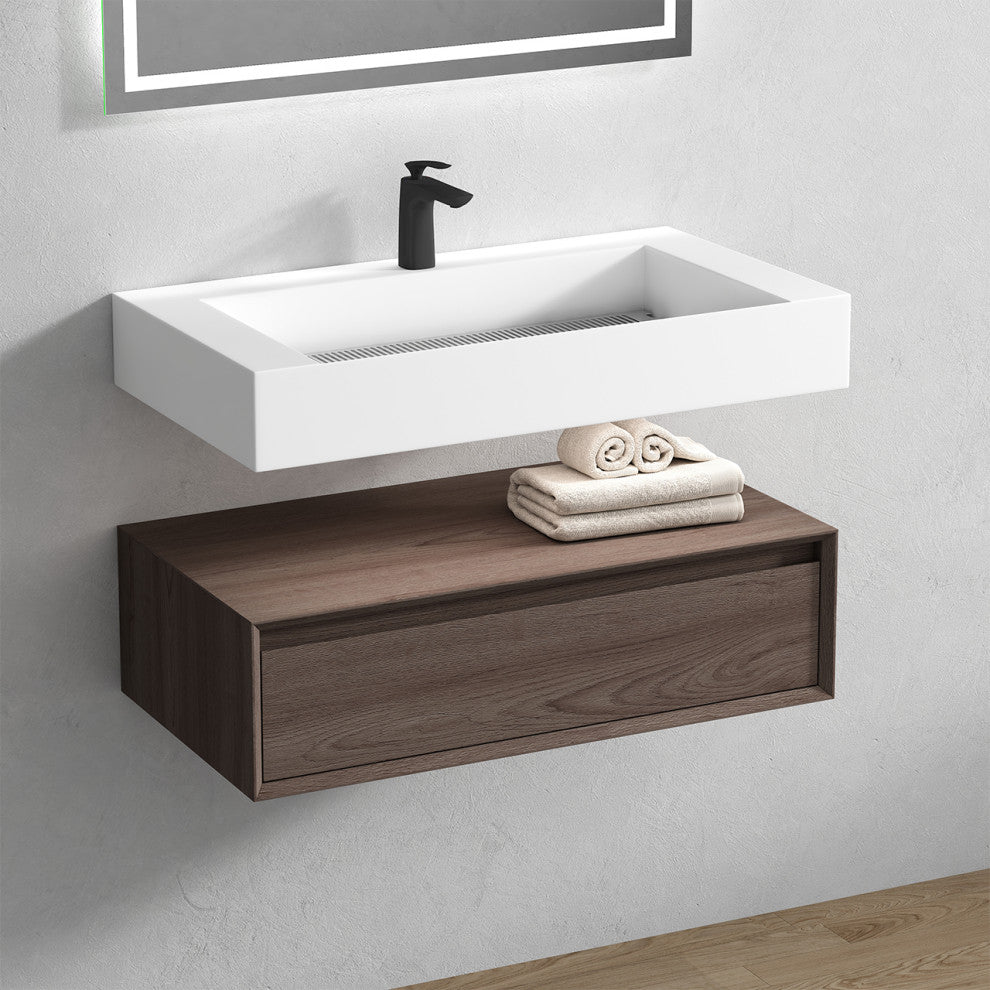 Alysa 36" Floating Bath Vanity, Acrylic Sink/Single Faucet Hole, Red Oak
