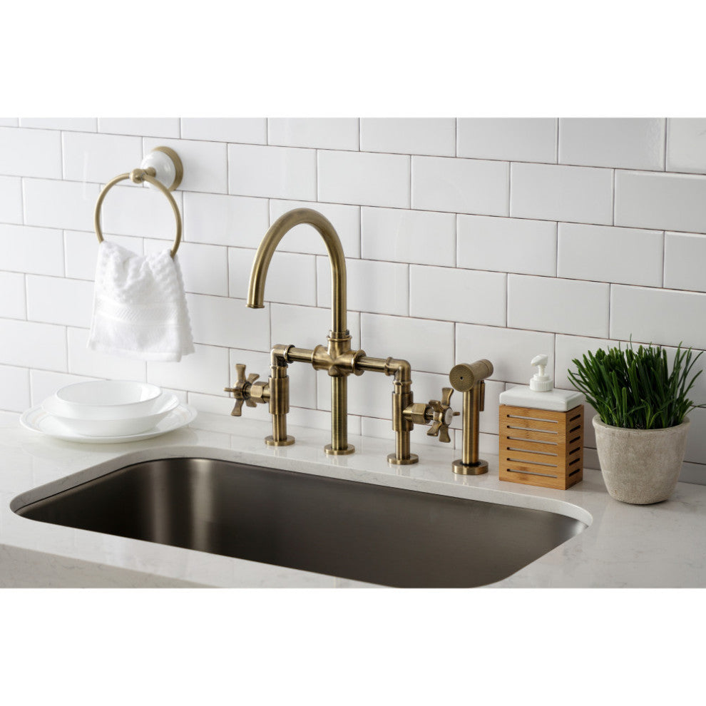KS2333NX Bridge Kitchen Faucet With Brass Sprayer, Antique Brass