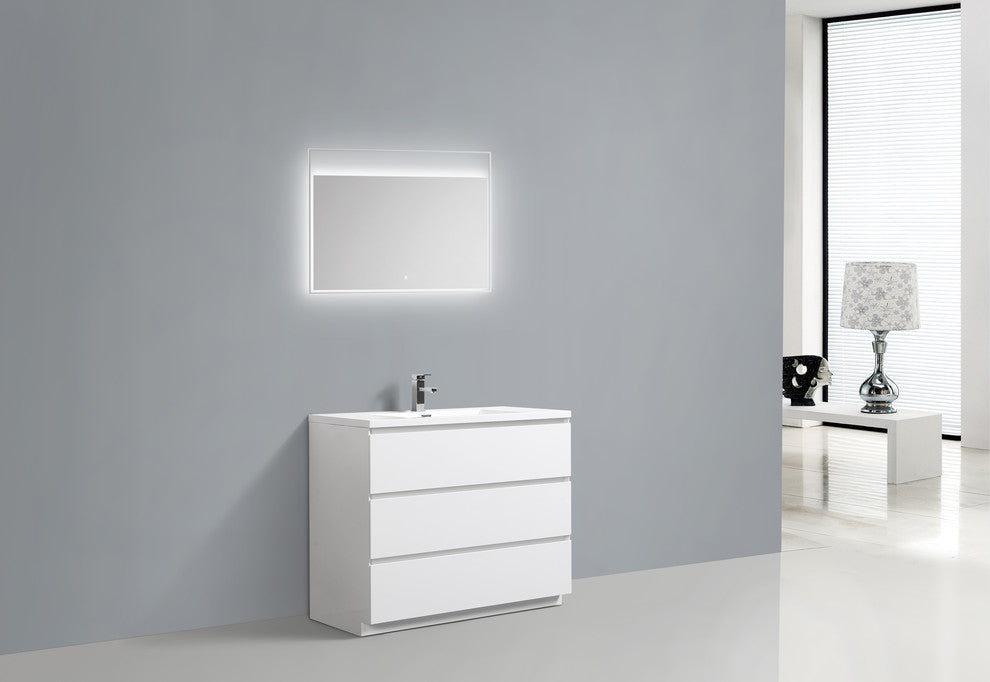 Moa Bathroom Vanity With 3 Drawers and Acrylic Sink, Gloss White, 42"