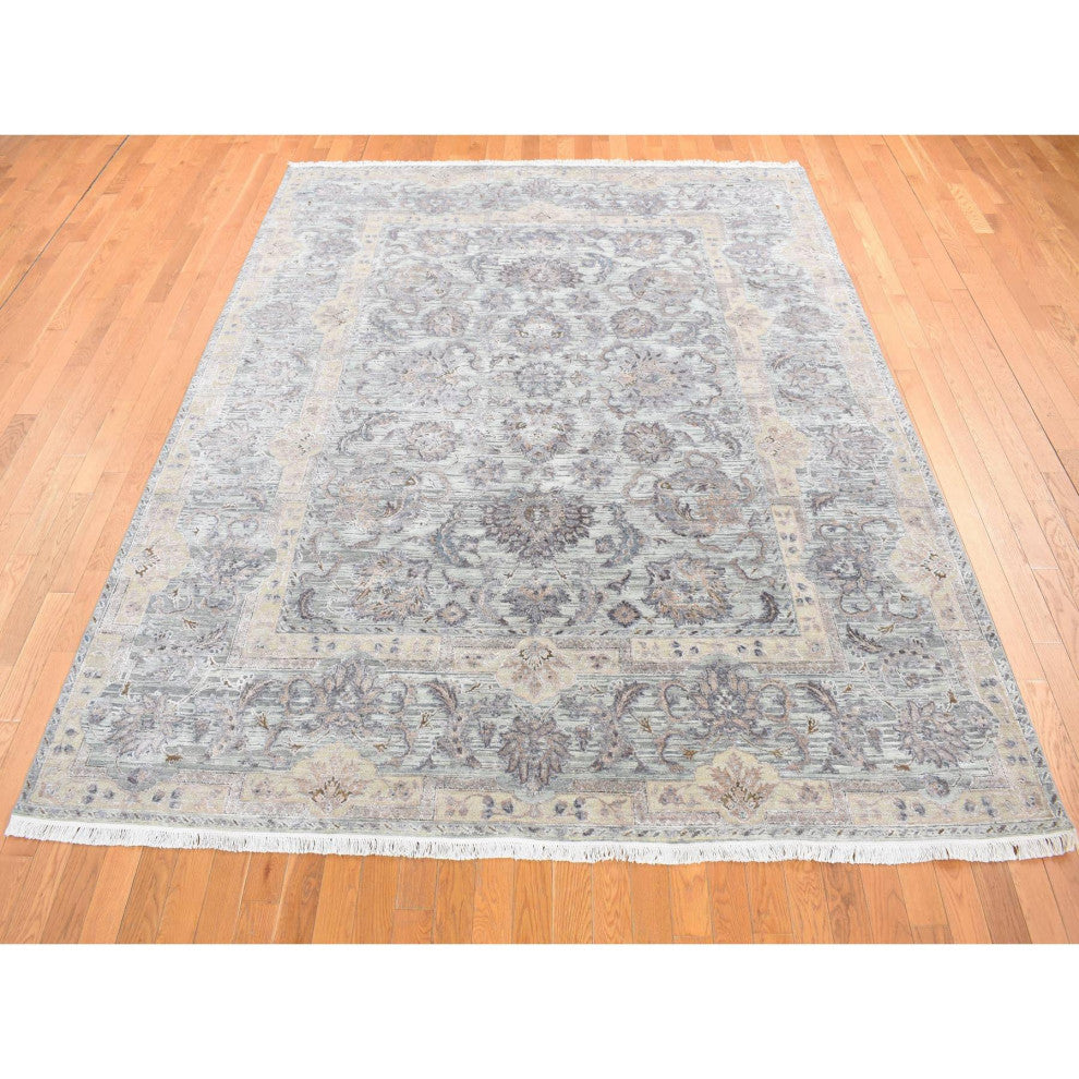 Light Green Pure Silk Wool Mughal Design Hand Knotted Oriental Rug 7'10"x10'