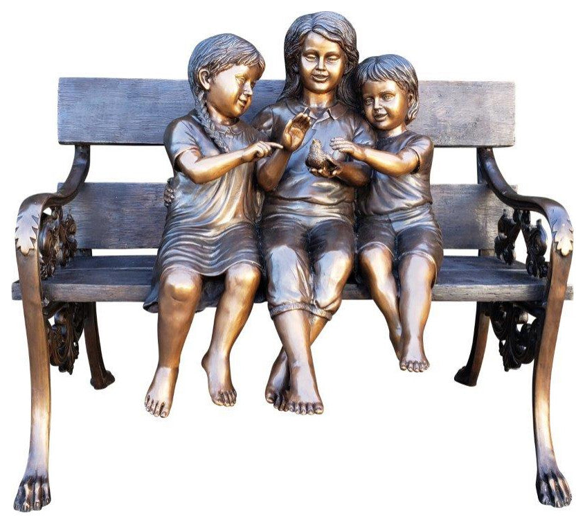 Three kids on a Bench Holding a Bird Bronze Statue -  Size: 40"L x 30"W x 33"H