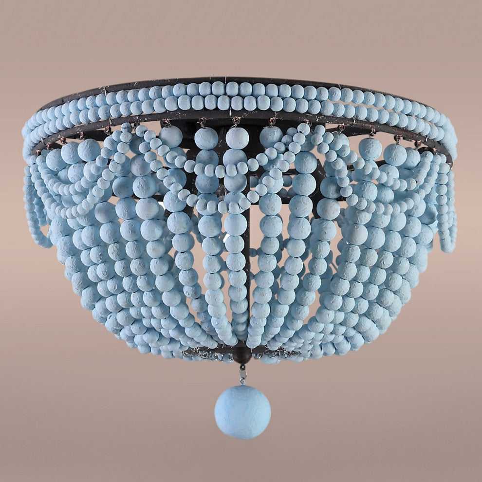 Kesarre Boho Wood Bead 3-Light Dome Shaped Flush Mount Ceiling Light, Blue