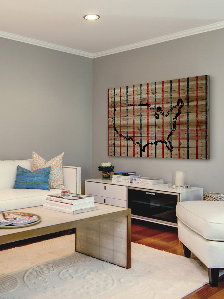 "USA Stripes" Print on Natural Pine Wood, 45"x30"