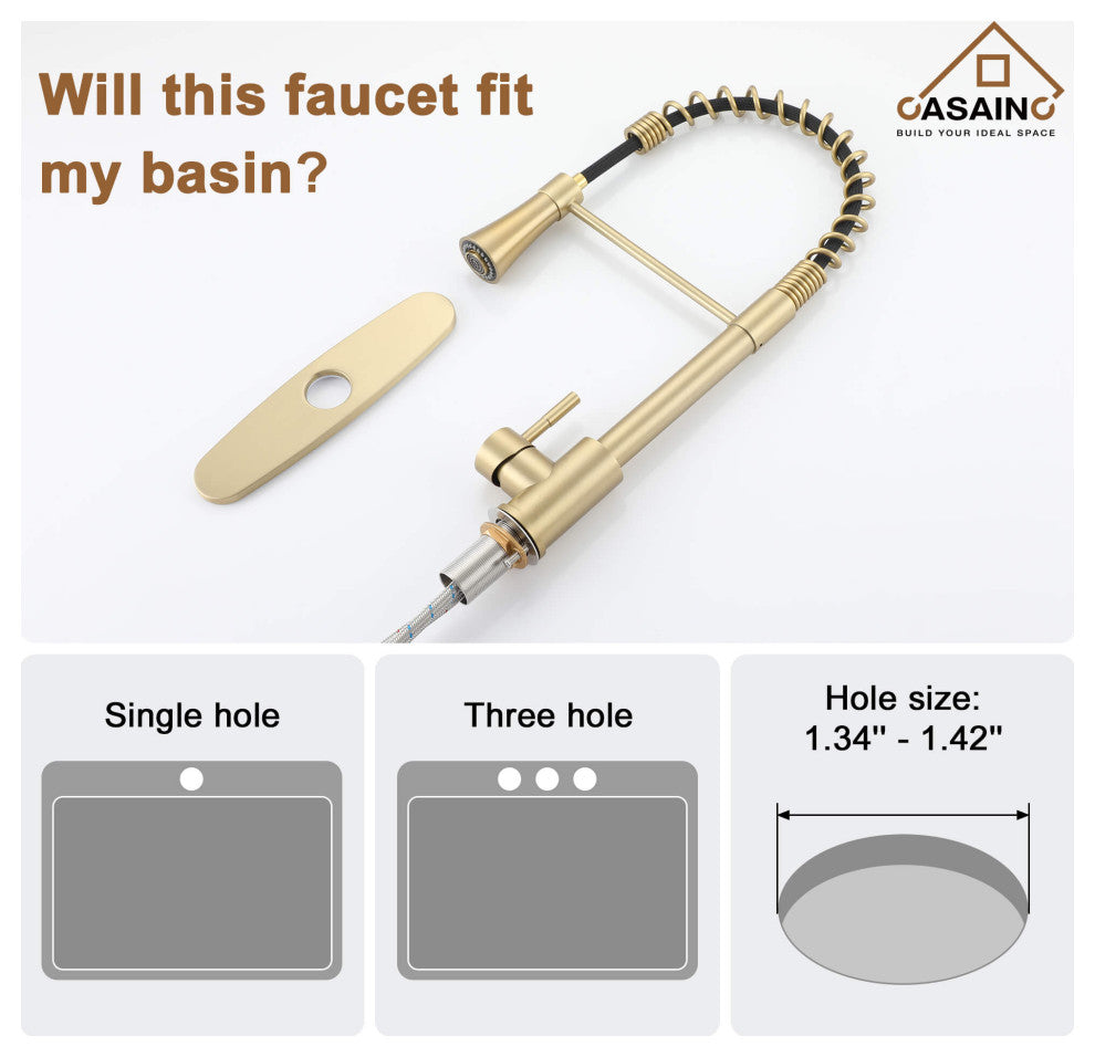 Spring Standard Kitchen Faucet with Dual-Function Spray Head and Deck Plate, Brushed Gold