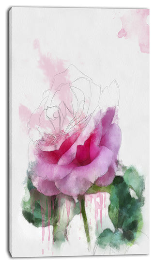 Pink Rose Stem with Paint Splashes, Large Floral Canvas Artwork, 16"x32"