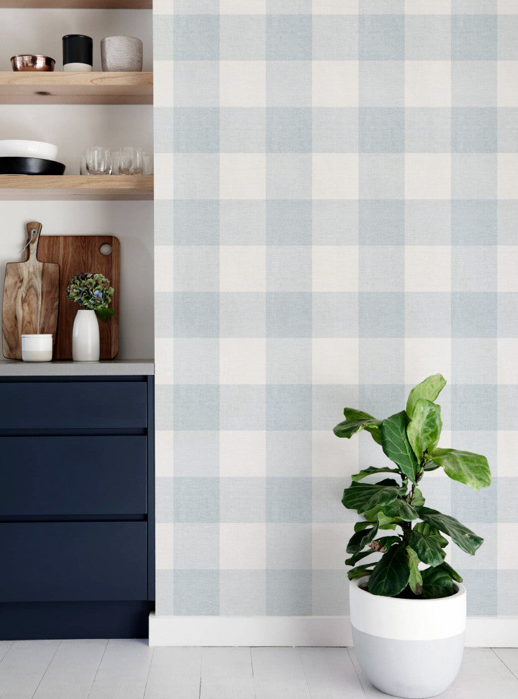 Checkered Fabric Look Medium Peel and Stick Vinyl Wallpaper, Blue, 24"x108"