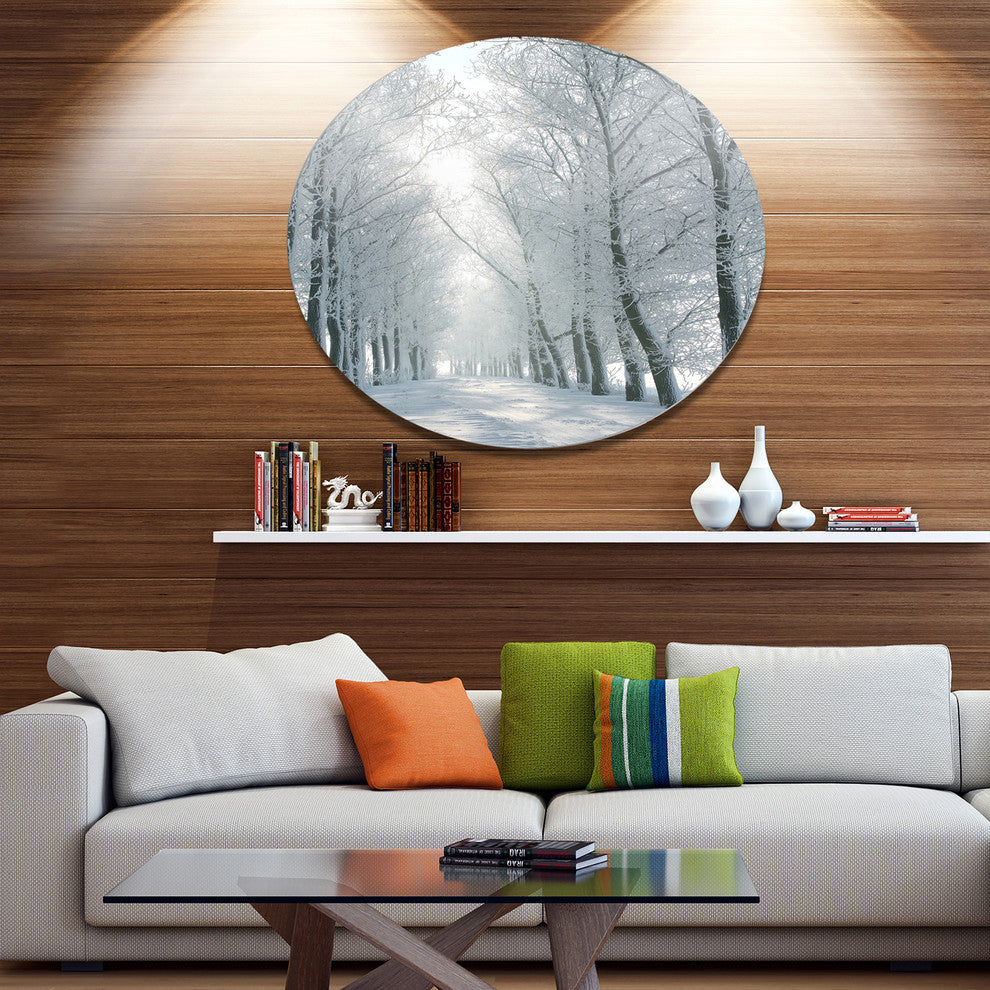 Winter Road Backlit My Morning Sun, Forest Round Metal Wall Art, 23"