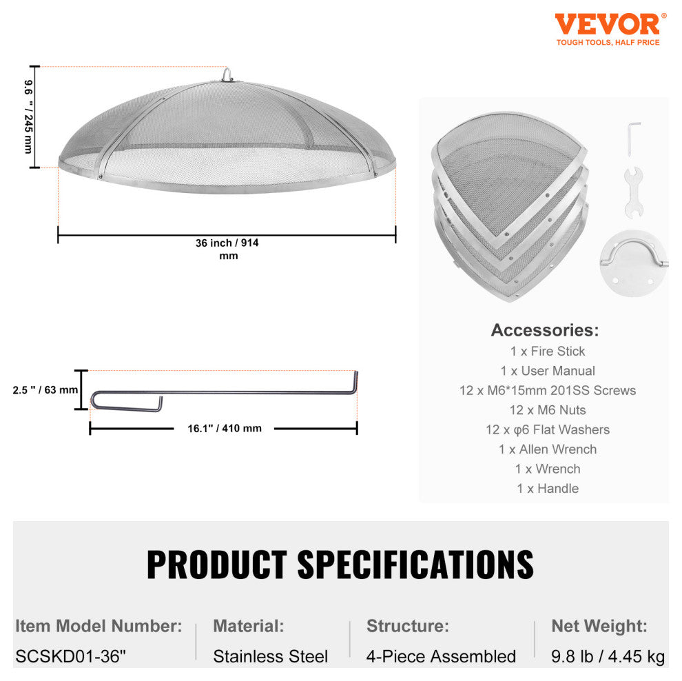 VEVOR 36" Round Firepit Spark Screen Cover Lid Stainless Steel Wood Burning